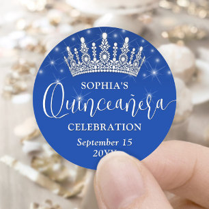 Elegante Glitzern Quinceañera Crown Royal Blue Runder Aufkleber