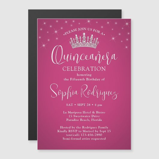 Elegante Glitzern Quinceñera Crown Fuschia Pink Magneteinladung (Vorne/Hinten)