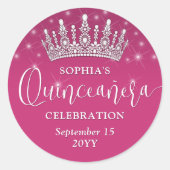 Elegante Glitzern Quinceñera Crown Fuschia Pink Runder Aufkleber (Vorderseite)