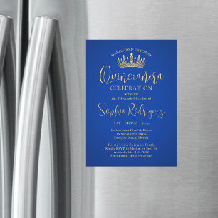Elegante Glitzern Quinceñera Crown Royal Blue Gold Magneteinladung