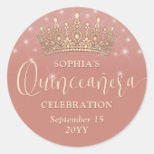 Elegante Glitzern Rose Gold Quinceñera Crown Pink Runder Aufkleber (Vorderseite)