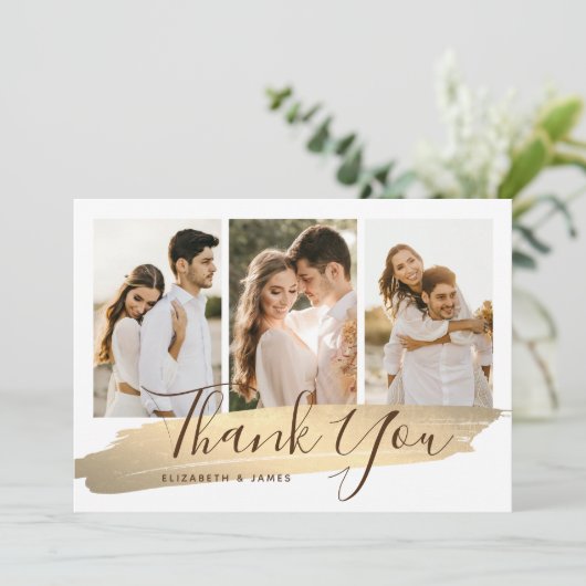 Elegante Gold 4 Foto Wedding Dankeschön Card Einladung (Stehend Vorderseite)