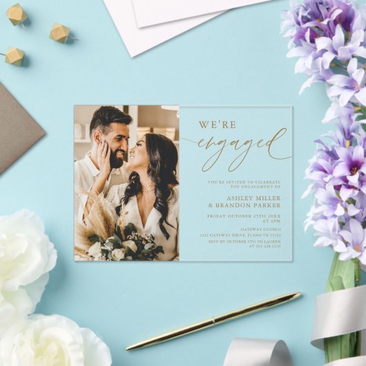 Elegante Gold Akryllische Engagement Party Acryleinladungen (In Situ (Hochzeit))