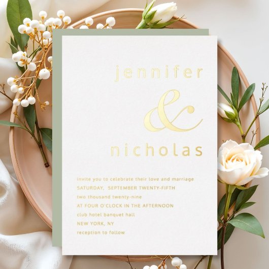 Elegante Gold Ampersand Sage Green Wedding Folieneinladung