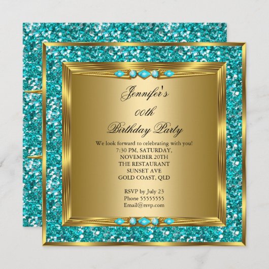 Elegante Gold Aquamarin Blue Imitate Glitzer Gebur Einladung (Vorne/Hinten)