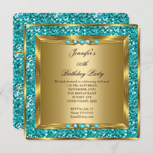 Elegante Gold Aquamarin Blue Imitate Glitzer Gebur Einladung (Vorne/Hinten)