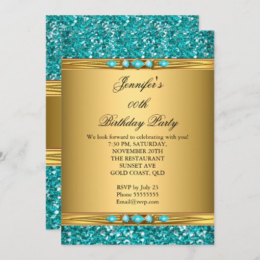 Elegante Gold Aquamarin Glitzer Diamond Geburtstag Einladung (Vorne/Hinten)