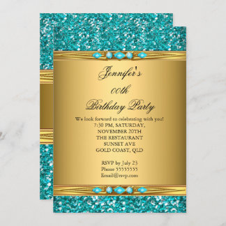 Elegante Gold Aquamarin Glitzer Diamond Geburtstag Einladung