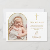 Elegante Gold Arch Foto Signature Script Taufe Dankeskarte (Vorderseite)
