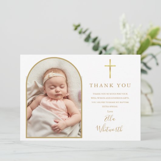 Elegante Gold Arch Foto Signature Script Taufe Dankeskarte (Stehend Vorderseite)