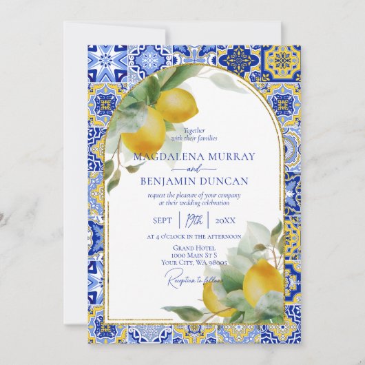 Elegante Gold Arch Italienisch Blue Tile Lemons We Einladung (Vorderseite)