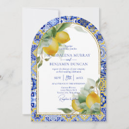 Elegante Gold Arch Italienisch Blue Tile Lemons We Einladung
