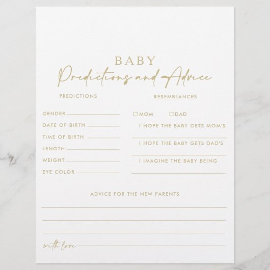 Elegante Gold Baby Predictions and Advice Cards (Vorderseite)