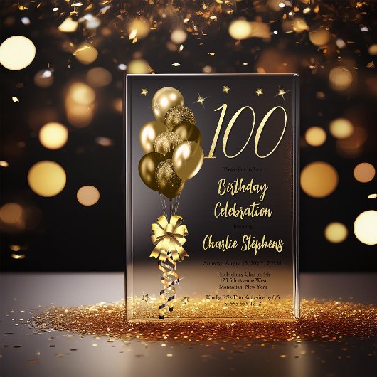 Elegante Gold Ballons auf der Black 100 Birthday P Acryleinladungen