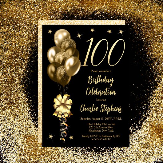 Elegante Gold Ballons auf der Black 100 Birthday P Einladung