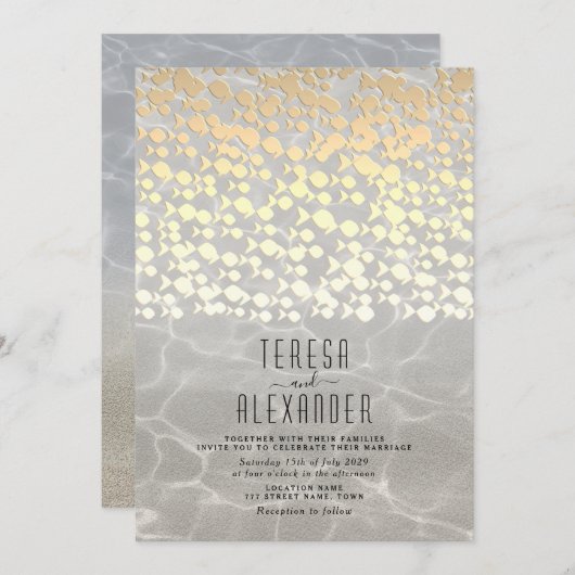 Elegante Gold Beach Hochzeit Einladung (Vorne/Hinten)