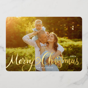Elegante Gold-Beschriftung Frohe Weihnachten Foto Folien Feiertagskarte