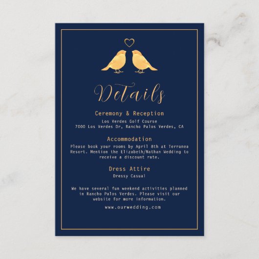 Elegante Gold Birds Navy Blue Wedding Details Begleitkarte (Vorderseite)