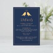 Elegante Gold Birds Navy Blue Wedding Details Begleitkarte (Stehend Vorderseite)