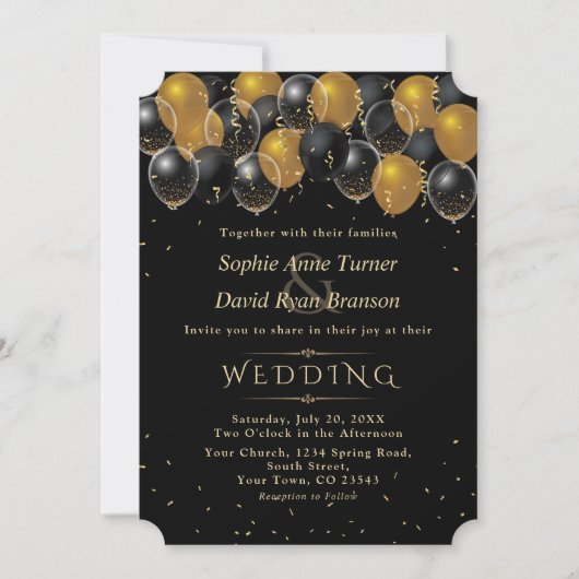 Elegante Gold Black Balloons Confetti Wedding Einladung (Vorderseite)
