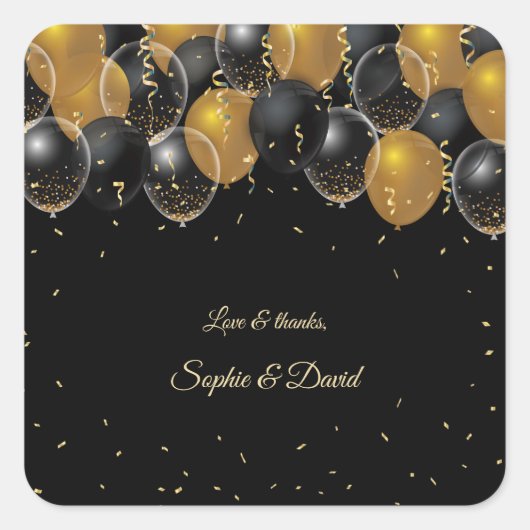 Elegante Gold Black Balloons Confetti Wedding Quadratischer Aufkleber (Vorderseite)