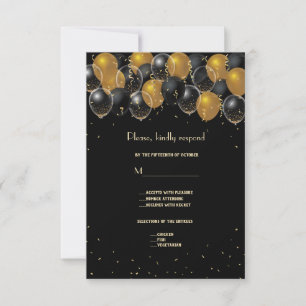 Elegante Gold Black Balloons Confetti Wedding RSVP Karte