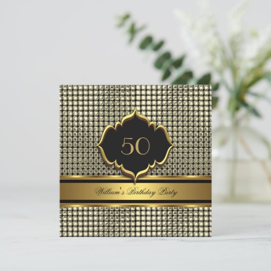 Elegante Gold Black Birthday Party Mens Man Einladung (Stehend Vorderseite)