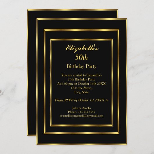 Elegante Gold Black Birthday Party Moderne Einladung (Vorne/Hinten)