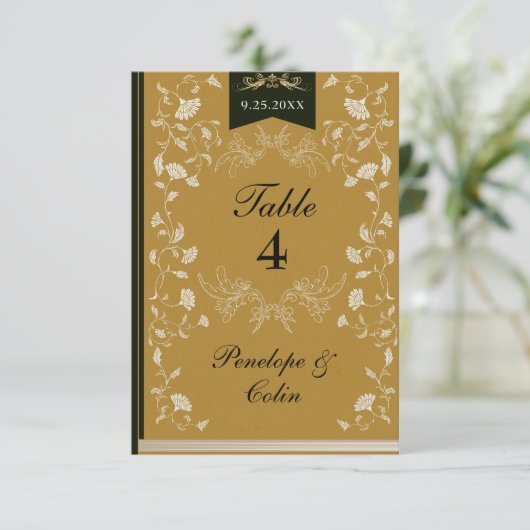 Elegante Gold Black Book Cover Wedding Tischnummer (Stehend Vorderseite)