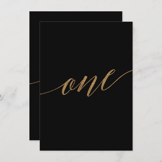 Elegante Gold & Black Calligraphy Tischnummer One (Vorne/Hinten)