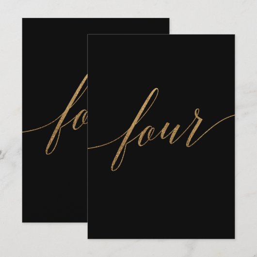 Elegante Gold & Black Calligraphy Tischnummer Vier (Vorne/Hinten)