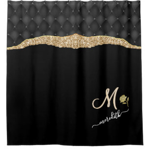 Elegante Gold Black Custom Monogram Name Rose Duschvorhang