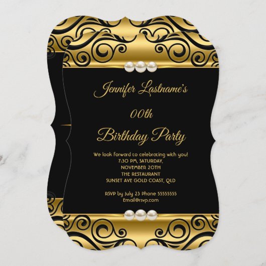 Elegante Gold Black Damask Pearl Birthday Party Einladung (Vorne/Hinten)