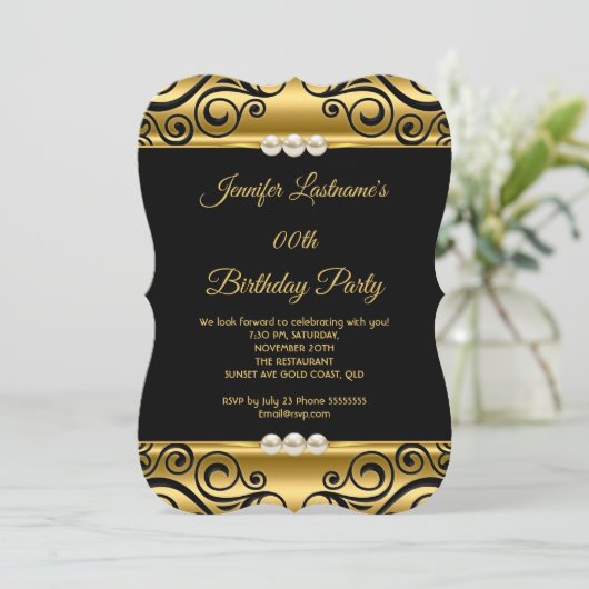Elegante Gold Black Damask Pearl Birthday Party Einladung (Stehend Vorderseite)
