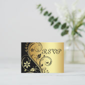 Elegante Gold & Black Floral Scroll RSVP Karte (Stehend Vorderseite)