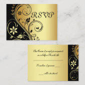 Elegante Gold & Black Floral Scroll RSVP Karte (Vorne/Hinten)