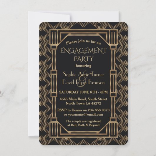 Elegante Gold Black Great Gatsby Engagement Party Einladung (Vorderseite)