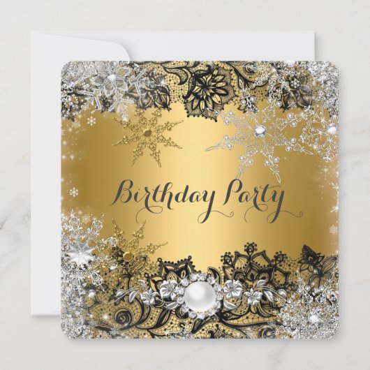 Elegante Gold Black Lace Silver Snowflake Geburtst Einladung (Rückseite)