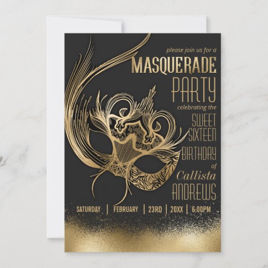 Elegante Gold Black Masquerade 16 . Geburtstag Einladung (Vorderseite)