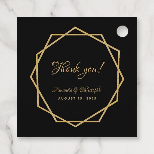 Elegante Gold Black Modern Geometric Script Hochze Geschenkanhänger (Rückseite)
