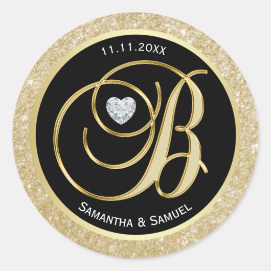 Elegante Gold Black Monogram Diamond Heart Wedding Runder Aufkleber (Vorderseite)