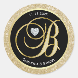 Elegante Gold Black Monogram Diamond Heart Wedding Runder Aufkleber