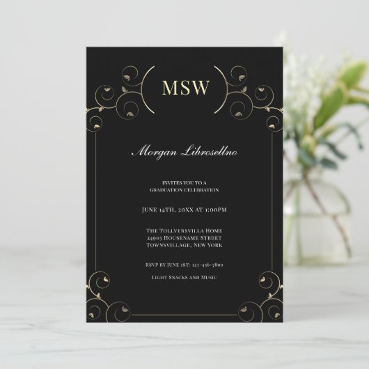 Elegante Gold Black MSW Graduation Party  Einladung (Stehend Vorderseite)