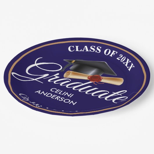 Elegante Gold-, Black & Navy Graduiertenparty-Unte Pappteller (Schrägansicht)