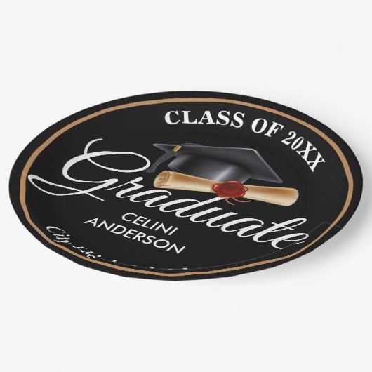 Elegante Gold-, Black & Navy Graduiertenparty-Unte Pappteller (Schrägansicht)