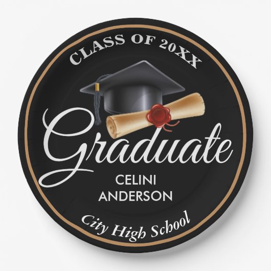 Elegante Gold-, Black & Navy Graduiertenparty-Unte Pappteller (Vorderseite)