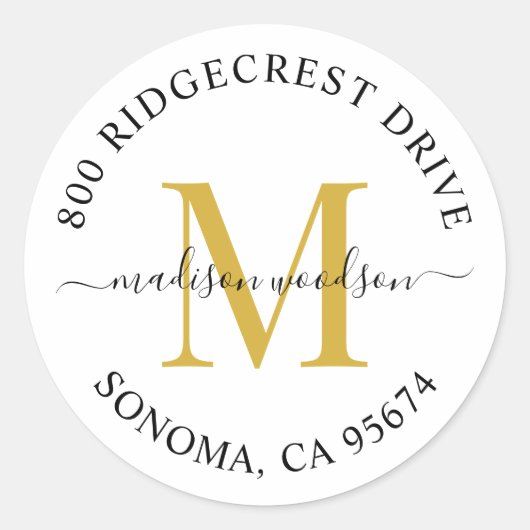 Elegante Gold Black Script Monogram Rücksendeadres Runder Aufkleber (Vorderseite)
