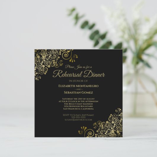 Elegante Gold Black Wedding Probe Dinner Square Einladung (Stehend Vorderseite)