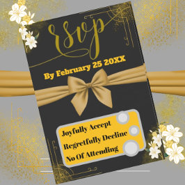 Elegante Gold & Black Wedding RSVP Card mit floral