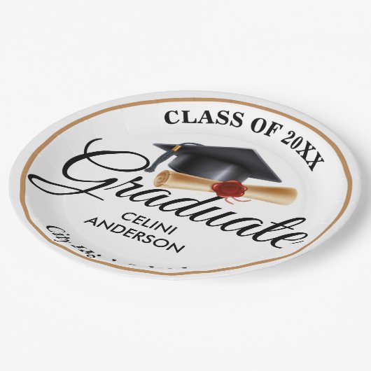 Elegante Gold, Black & White Graduiertenparty Pappteller (Schrägansicht)